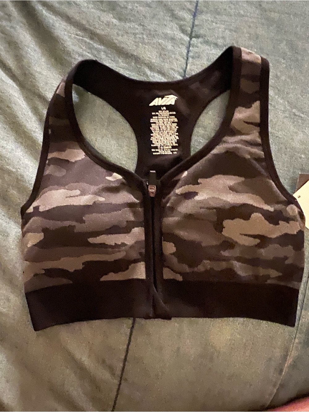 NWT Avia Women's Camo Front-Zip Sports Bra in Black/Grey